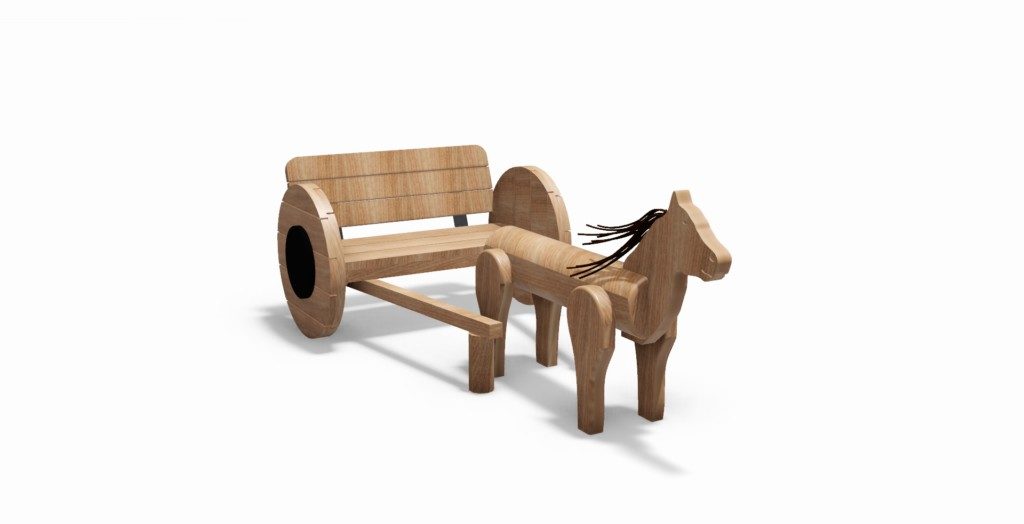 midori_12183 cheval et charrette en bois